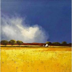 a painting of a yellow field with clouds in the sky