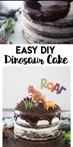 an easy diy dinosaur cake with chocolate frosting and sprinkles on top