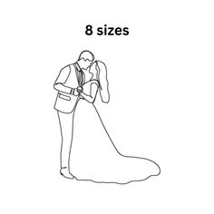 a line drawing of a bride and groom embracing each other with the text 8 sizes