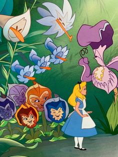 an animated scene with alice and the seven dwarfs standing in front of flowers, plants and other things