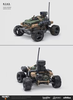 two pictures of an off road vehicle with four wheels, one is camouflaged and the other is camo