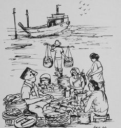 a black and white drawing of people sitting on the beach with boats in the background