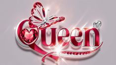 the word queen is made up of red and silver letters, with diamonds on them