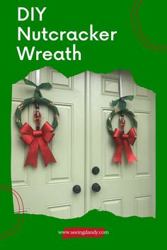 two wreaths are hanging on the front door with red bows and green ribbon around them