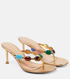 Shanti embellished leather thong sandals in multicoloured - Gianvito Rossi | Mytheresa Luxury T-strap Sandals For Spring Evenings, Luxury Evening Sandals, Gold Leaf Sandals, Fancy Shoes Sandals, Fancy Sandals Dressy, Luxury Summer Gala Sandals, Luxury Lace-up Sandals With Round Toe, Fairy Shoes Sandals, Golden Shoes Lyst