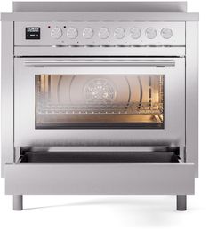 an oven with the door open and its light on in front of it, against a white background