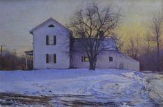 a painting of a white house in the snow