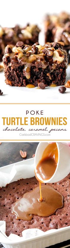 chocolate brownies with caramel drizzle on top and the words poke turtle brownies