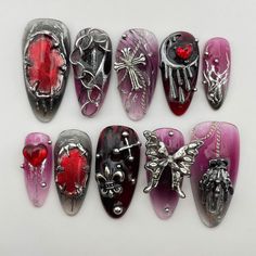 Embrace gothic elegance with our Silver Charms Cross Halloween Press On Nails! Featuring red hearts and handmade details, these trendy, reusable nails are perfect for a bold, custom Halloween look in short or long styles. Easy to apply for instant glam! 🌸Thank you for supporting my small business.🌸 You can reuse all the nails you purchased from us multiple times, if you handle them with care 📦𝐖𝐡𝐚𝐭 𝐜𝐨𝐦𝐞𝐬 𝐰𝐢𝐭𝐡 𝐲𝐨𝐮𝐫 𝐩𝐫𝐞𝐬𝐬 𝐨𝐧 𝐧𝐚𝐢𝐥 𝐤𝐢𝐭? 10 𝘯𝘢𝘪𝘭𝘴 𝘰𝘧 𝘺𝘰𝘶𝘳 𝘴𝘪𝘻𝘦 24 𝘢𝘥𝘩𝘦𝘴𝘪𝘷𝘦 𝘴𝘵𝘪𝘤𝘬𝘴 1 𝘯𝘢𝘪𝘭 𝘧𝘪𝘭𝘦 1 𝘤𝘶𝘵𝘪𝘤𝘭𝘦 𝘴𝘵𝘪𝘤𝘬  𝐼𝘯𝘴𝘵𝘳𝘶𝘤𝘵𝘪𝘰𝘯 𝘩𝘰𝘸 𝘵𝘰 𝘢𝘱𝘱𝘭𝘺 𝘢𝘯𝘥 𝘳𝘦𝘮𝘰𝘷𝘦 𝘵𝘩𝘦𝘮. 🌸 Customization All of my nails are hand-painted, so any new ideas and customization are available. We can even create a whole new set Nails Red Heart, Press On Nails Red, Short Red Nails, Press On Nail Kit, Gothic Elegance, Halloween Press On Nails, Press On, Nails Red, Halloween Looks