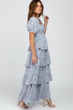 Blue Floral Square Neck Ruffle Layered Maxi Dress – PinkBlush Flowy Feminine Tiered Smocked Dress, Feminine Flowy Tiered Smocked Dress, Tiered Maxi Dress With Smocked Bodice For Garden Party, Spring Tiered Smocked Dress For Garden Party, Summer Tiered Smocked Dress With Ditsy Floral Print, Tiered Smocked Dress With Ditsy Floral Print For Summer, Tiered Ditsy Floral Maxi Dress For Brunch, Flowy Tiered Dress With Smocked Bodice And Short Sleeves, Square Neck Smocked Bodice Tiered Dress For Brunch