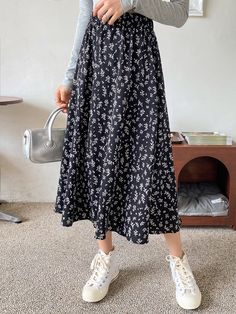 Black and White Boho Collar  Fabric Ditsy Floral Flared Embellished Non-Stretch Spring/Summer/Fall Women Clothing Mid Length Skirt Outfit, Long Skirt Floral, Ditsy Floral Skirt, Floral Long Skirt, Floral Skirt Outfits, Elegant Midi Skirt, Mid Length Skirt, Teacher Clothes, Skirt Elegant