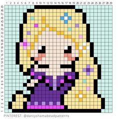 a cross - stitch pattern of a blonde haired girl with blue eyes and purple dress