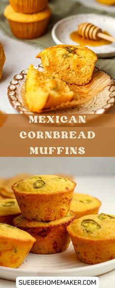 mexican cornbread muffins on a plate with other muffins in the background