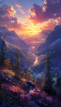 the sun is setting over a valley with mountains in the background and flowers on the ground