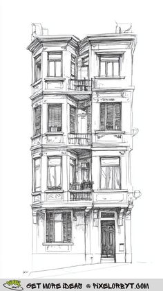 a drawing of an apartment building with windows and balconies on the second floor