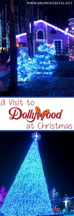 a christmas tree that is lit up with blue lights and the words, a visit to dollywood at christmas