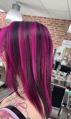 Coloured Chunky Highlights, Chunky Magenta Highlights, Skunk Dyed Hair Pink, Hot Pink Hair Streaks Brunette, Pink Hair Black Highlights, Hot Pink Chunky Highlights, Hair Color Ideas Pink Highlights, Hot Pink Hair Highlights