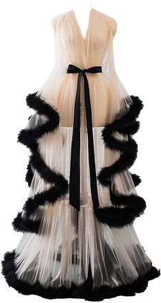 Changuan Sexy Illusion Long Lingerie Robe Nightgown Bathrobe Sleepwear Feather Bridal Robe Wedding Scarf Black-Champagne S/M at Amazon Women’s Clothing store Feather Bridal Robe, Fancy Robes, Pijamas Women, Robe Wedding, Wedding Scarf, Goth Outfit, Bridal Ball Gown, Bridal Robe