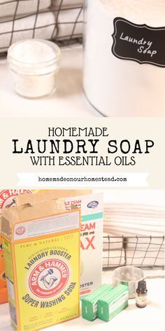 homemade laundry soap with essential oils is shown in this image and it's on the counter