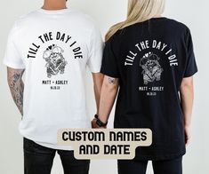 "\"Till The Day I Die\" Couple's Shirt ♡ with custom wedding date and names! Wear these for a honeymoon, anniversary, or any reason really! Add the date of your special day and names - either first names (i.e. Matt + Ashley) or last name (The Smiths). Or, buy them as a unique gift for a couple's wedding or anniversary. This listing is for one (1) shirt. ‣ Bella and Canvas Brand Shirts ‣ Unisex Adult Sizing - please check the sizing chart in the photos. If you would like an oversized fit, size up 1-2 sizes.  ‣ Rolled sleeves in pictures are for styling purposes only.  Care Instructions:  ‣  Please follow the instructions listed on the tag in the shirt: wash with like colors, machine wash cold, tumble dry low. Do not iron. Returns & Exchanges:  ‣  We do not accept returns or exchanges as all Funny Bachelorette Shirts, Inappropriate Shirts, Funny Bride, Groom Shirts, Wedding Shirt, Engaged Shirts, Bride Sweatshirt, Wedding Personalized, Matching Couple Shirts