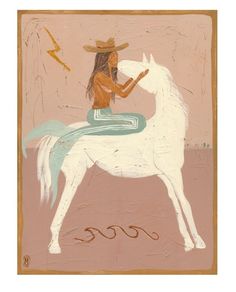 a painting of a woman sitting on top of a white horse with a lasso