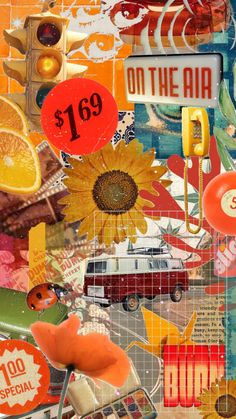 the collage is made up of many different things and has oranges, sunflowers, and other items