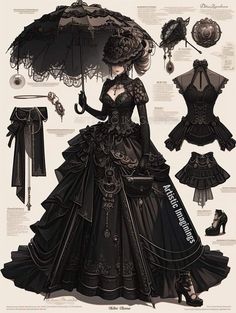 Victorian Goth Aesthetic Outfit, Goth Fantasy Dress, Victorian Clothing Aesthetic, Gothic Fashion Drawing, Gothic Anime Outfits, Gothic Era Fashion, Goth Dress Drawing, Gothic Dress Drawing, Vampire Dress Victorian