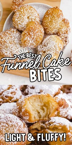 two different types of funnel cake bites on a plate with the words light and fluffy