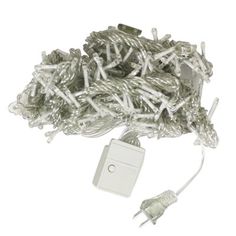 a bunch of white christmas lights and wires on a white background with one plugged in