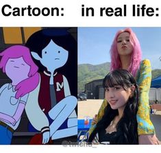 two women with pink hair and one is wearing a black shirt, the other has an image of cartoon characters in real life