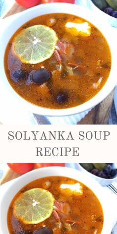 two bowls filled with soup and garnished with lemons, olives and tomatoes