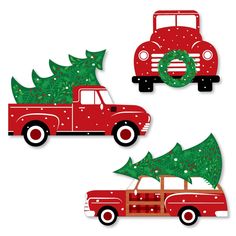 three red trucks with christmas trees in the back and on the front, one is carrying a tree