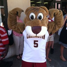 a mascot is standing in front of a group of people wearing t - shirts and shorts