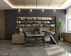 an office with a desk, chairs and bookcases in front of a large window