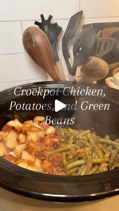 crockpot chicken, potatoes, and green beans are cooking in the slow cooker