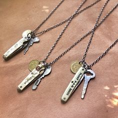 "-This rugged unisex necklace features a vintage pocket knife, a vintage key, and an old Columbian coin. -The trio hangs from a 29\" antique-silver chain with matching lobster clasp. -This unique necklace looks great on men or women. -The vintage pocket knife will be similar in size and color to the photos but each one is different. -Coin and key will also be similar but unique. -Designed and handmade in South Pasadena, CA. Check out more of our necklaces here: https://www.etsy.com/shop/ASTALIJe Pocket Knife Necklace, Vintage Key Necklace, Key Necklace Vintage, Knife Necklace, South Pasadena, Vintage Key, Wide Bracelet, Unisex Necklace, Vintage Keys