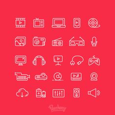 the icon set includes all kinds of electronics and devices, including televisions, speakers, movies