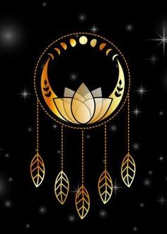 a gold dream catcher hanging from a string on top of a black background with stars