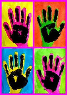 four handprints in different colors with black, yellow, and pink on them