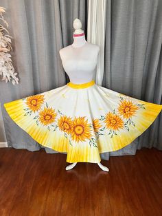 Made -to - order/ Circle skirt with hand painted sunflowers with a sunset yellow boarder around the hem. Each sunflower has shading of yellows and amber. There is also a shimmery highlight on each flower.   Skirt Details - Full Circle Skirt - Handmade - Hand Painted - Custom Waist Size - 100% Washable - Snap Metal Fasteners or  zipper ** Please list - Waistband  - Hand Hemmed: 28 inches ** If wanting shorter please list *Painting hours: 31 Washing Instructions card will be included. IMPORTANT SHIPPING INFORMATION - To finish one skirt typically takes me 2-3 weeks to complete. If I have more than 1 order, the turn around time is increased. Paid in full customers will be put on a list in order of payment received. If you would like an estimated time of when you can expect your skirt please f Hand Painted Sunflowers, Painted Sunflowers, Sunset Yellow, Skirt Details, Clothing Sketches, Full Circle Skirt, Hair Net, Flower Skirt, Full Circle Skirts