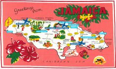 a map of jamaica on a pink background with red flowers and green leaves in the foreground