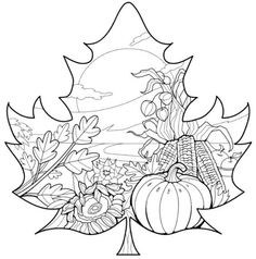 an autumn coloring page with leaves and pumpkins