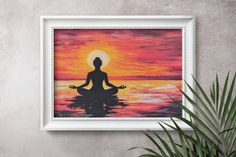 a painting of a person doing yoga in front of a sunset