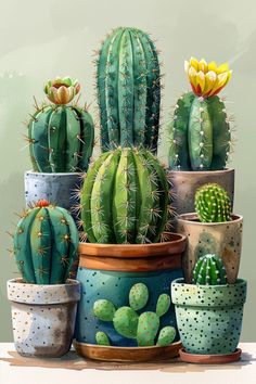 there are many cactuses in the pots on the table and one is painted with watercolors