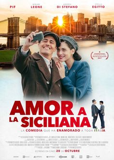 a movie poster for the film amora la sicliana, with two people standing next to each other