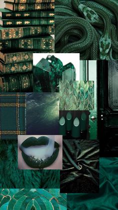 a collage of green and gold items including books, scarves and other things