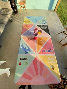 a long table with many stickers on it