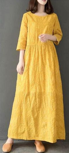 Loose Style cotton  linen Spring Women Dresses .this women dresses made with linen cotton mixed fabric ,the prints flower is very special design,and very comfy to wear with it. Summer Kaftan, Kaftan Women, Projek Menjahit, Cotton Clothes, Clothes Outfits, Vestidos Vintage, Yellow Print, Fashion Blouse Design, Kurta Designs