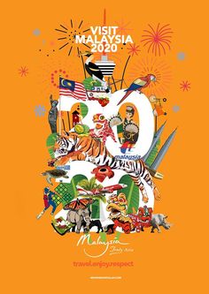 an orange poster with the letter d surrounded by pictures of animals, birds and fireworks