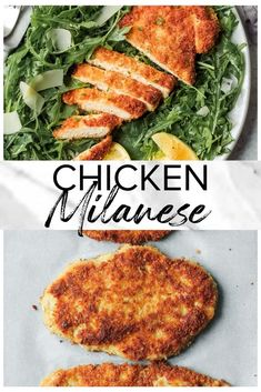 three pictures of chicken and greens with the words chicken mulanese above them in black lettering